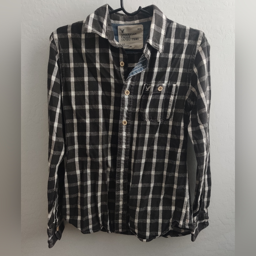 American Eagle Mens black & white Plaid checkered academia  Button down shirt_S